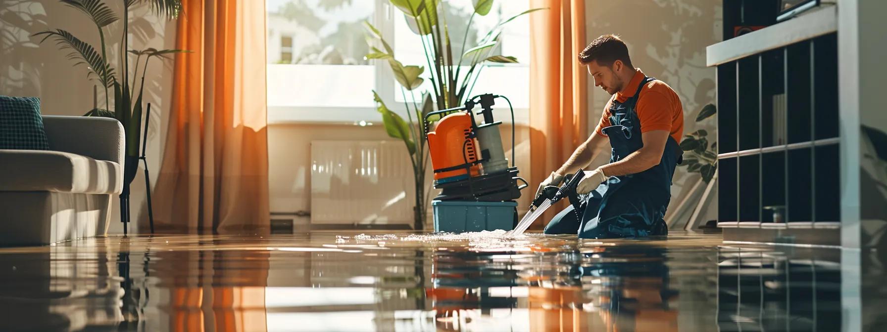 a focused shot of a professional water damage restoration technician operating advanced industrial drying equipment in a modern, flooded home, highlighting visible water damage on the floors and walls, with a clean and reassuring atmosphere enhanced by soft, diffused light coming through a window.