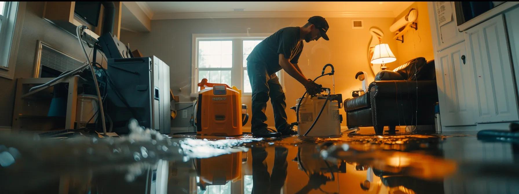 a focused shot of a professional water damage restoration technician operating industrial drying equipment in a modern home, showcasing visible water-damaged walls and floors, illuminated by soft, warm lighting from a nearby window, conveying an atmosphere of expert care and restoration.