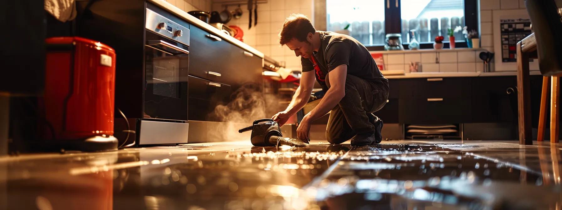a focused shot of a professional restoration technician using industrial drying equipment in a modern kitchen, highlighting visibly damaged floors and walls due to a recent dishwasher leak, with soft, diffused lighting creating a calm and reassuring atmosphere.