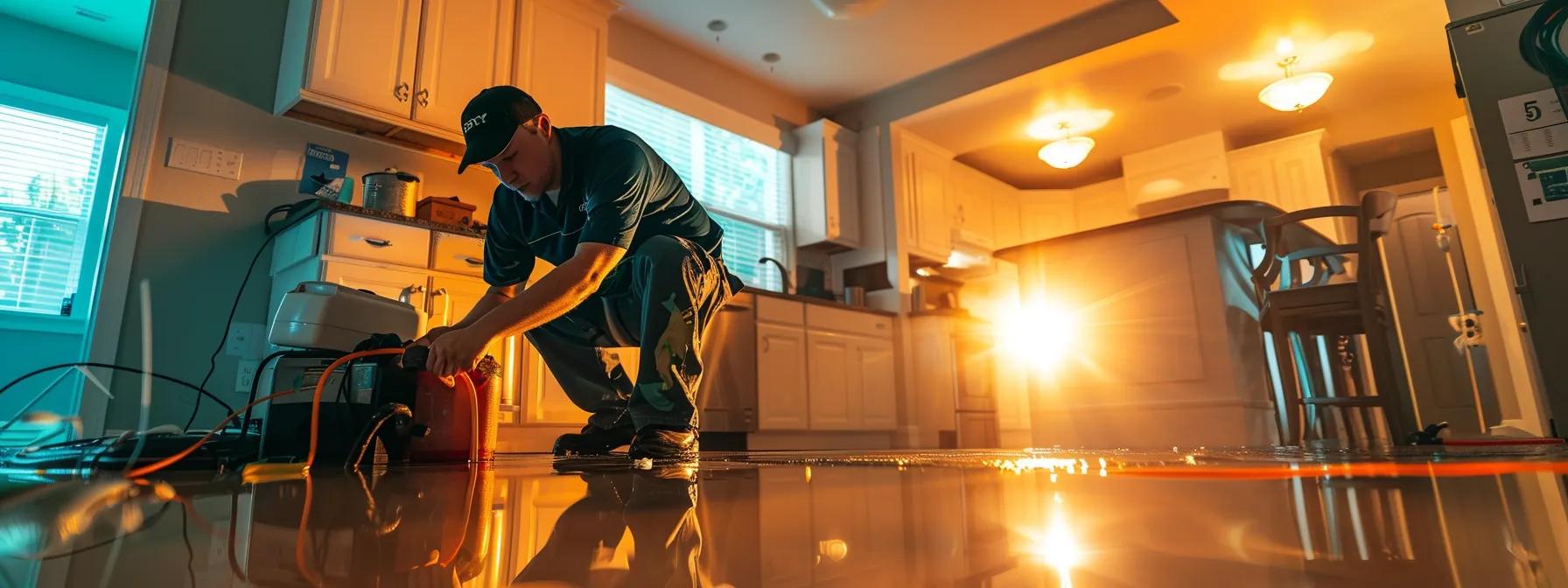 a focused shot of a skilled water damage restoration technician diligently operating industrial drying equipment in a modern, water-damaged home, with visibly affected floors and walls, under soft ambient lighting that conveys a reassuring atmosphere.