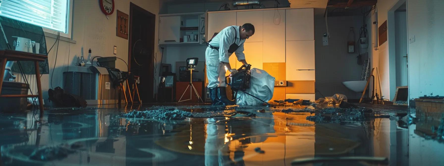 a focused shot of a water damage restoration technician operating powerful industrial drying equipment in a modern, flooded home, showcasing visible water damage on the walls and floors under soft, diffused lighting, creating a sense of professionalism and reassurance for viewers.