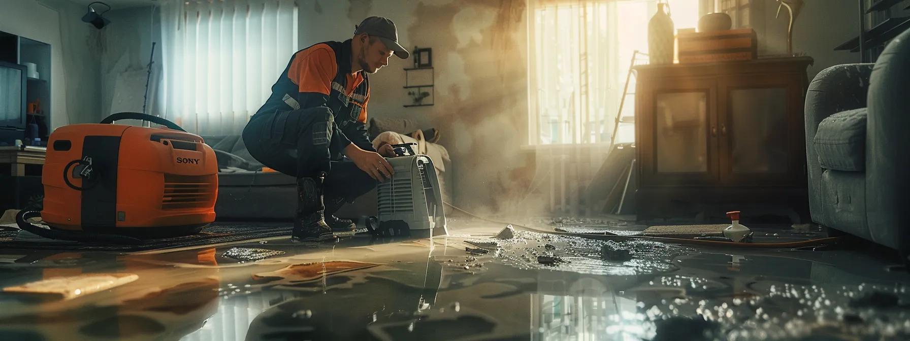 a focused shot of a water damage restoration technician operating industrial dehumidifiers amidst visibly damaged floors and walls in a modern home, underscored by soft window light that enhances the atmosphere of professionalism and hope.