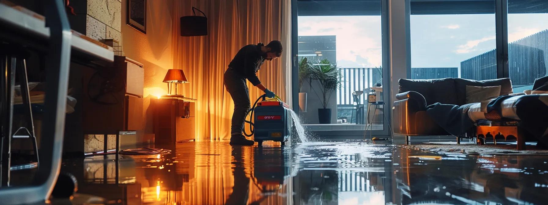 a focused view of a professional water damage restoration technician meticulously operating industrial drying equipment amid visible water-damaged floors and walls of a modern home, illuminated by soft natural light filtering through a window, conveying a reassuring atmosphere of expertise and care.