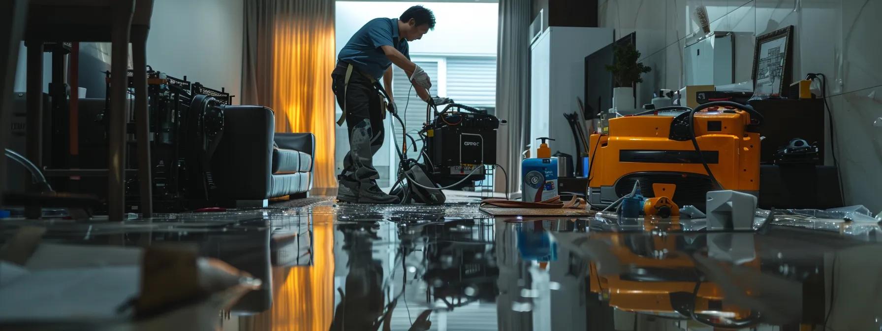 a focused view of a skilled water damage restoration technician operating powerful industrial drying equipment in a modern home, with evident water-stained walls and floors, enveloped in soft indoor lighting that creates a reassuring ambiance.