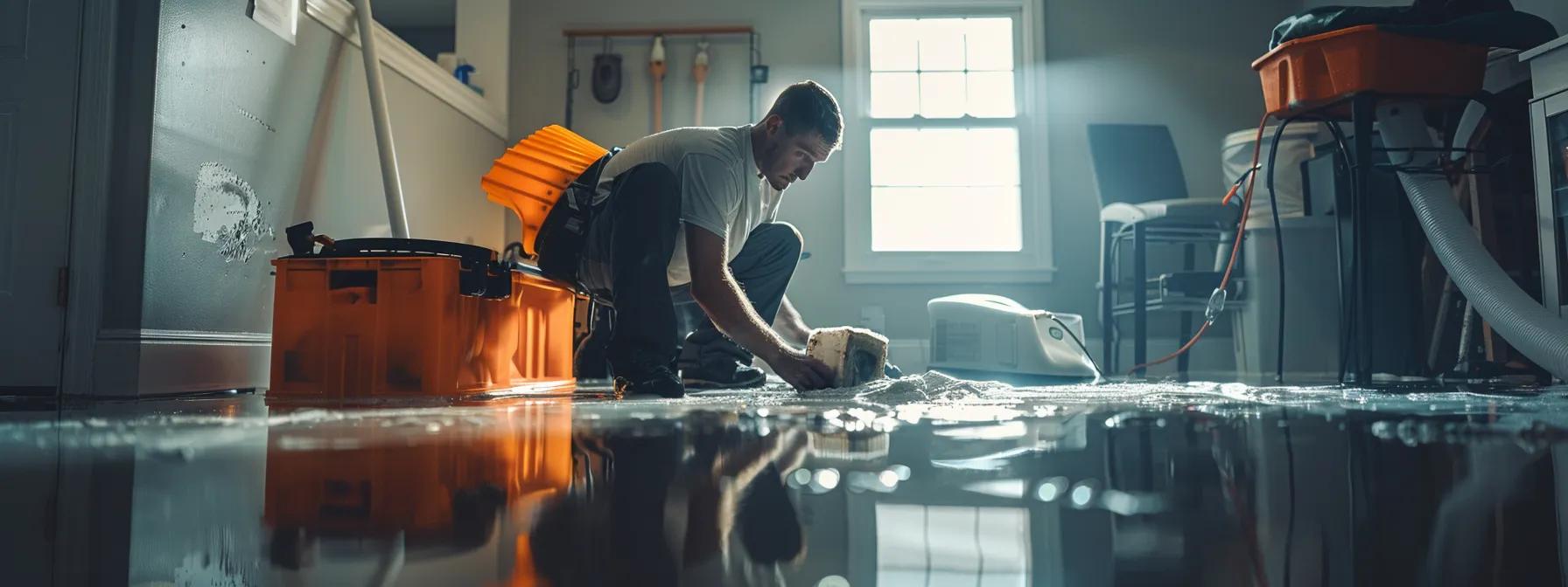 a focused view of a water damage restoration technician attentively assessing soaked drywall and flooring with industrial drying equipment in a modern basement, illuminated by soft natural light filtering through a window, conveying a sense of professionalism and urgency.