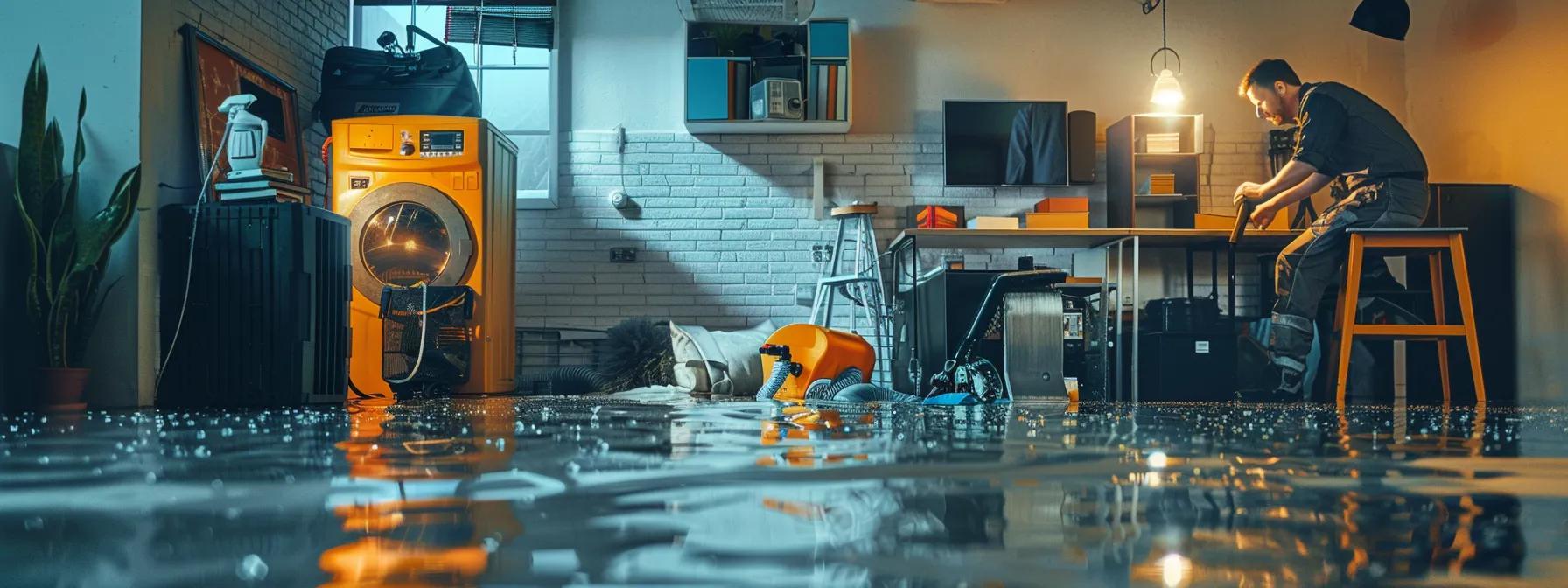 a focused water damage restoration technician expertly operates industrial drying equipment in a modern, flooded home, showcasing visible signs of water damage on the floors and walls, all under soft, ambient lighting that conveys a sense of professionalism and urgency.