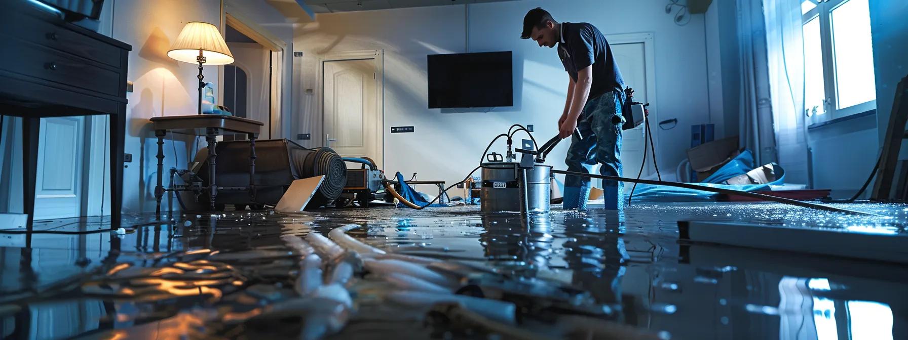 a focused water damage restoration technician operates industrial drying equipment in a modern home, showcasing evident water damage on the walls and floors, with soft, diffused light illuminating the scene, instilling a sense of professionalism and reassurance.