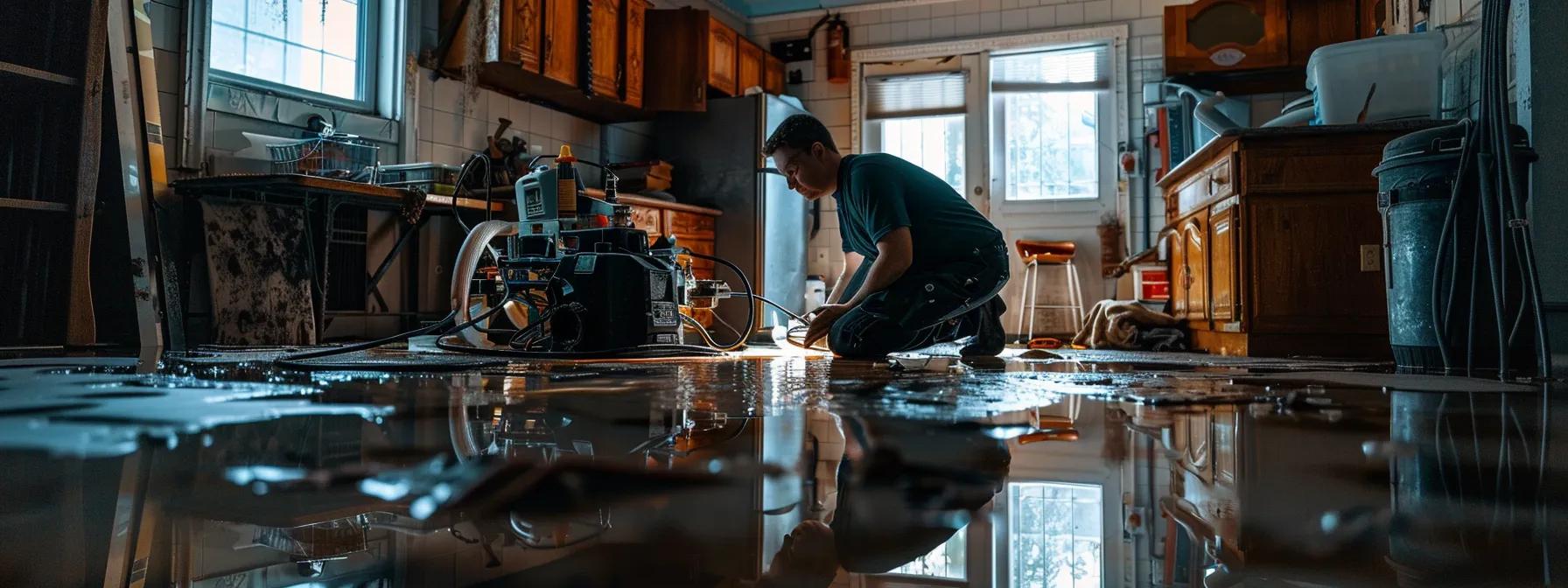 a focused water damage restoration technician meticulously operates specialized industrial drying equipment in a dimly lit, historically rich interior, revealing visible water damage on aged walls and floors while maintaining a careful balance between modern technology and the home's vintage charm.