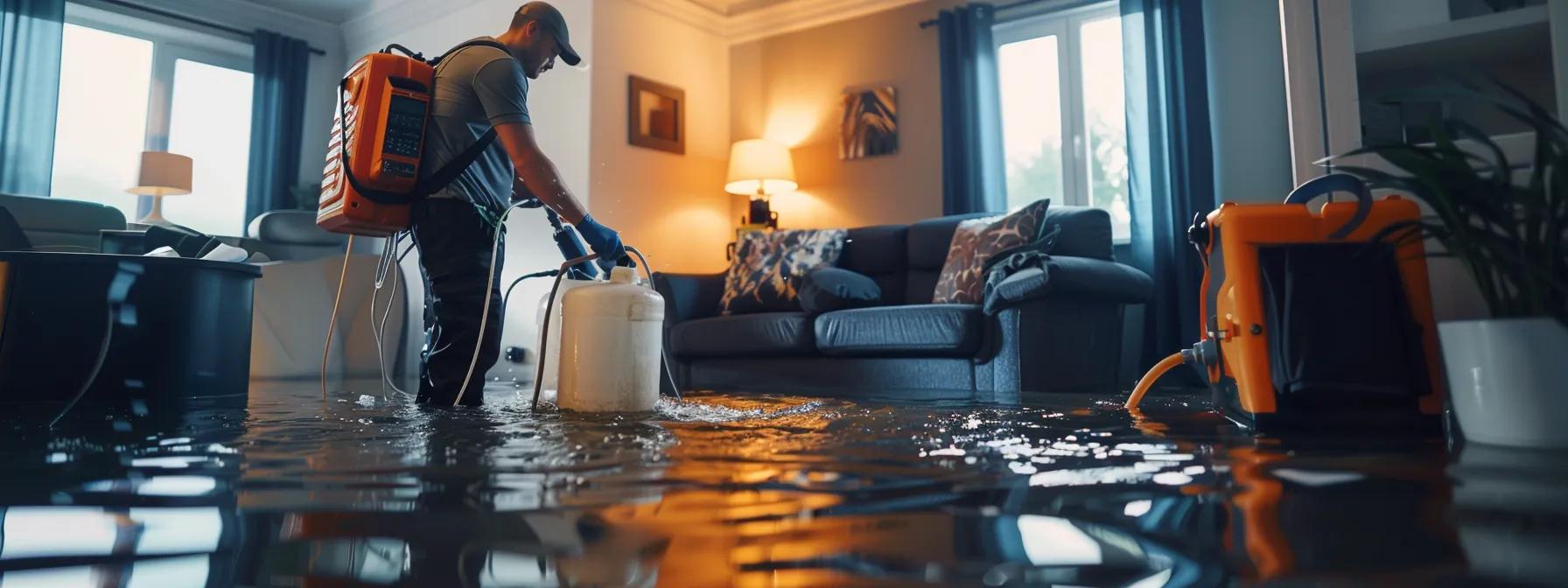 a focused water damage restoration technician operates advanced industrial drying equipment in a modern, flooded home, surrounded by visible signs of water damage, capturing a professional and reassuring atmosphere with soft, diffused lighting from a nearby window.