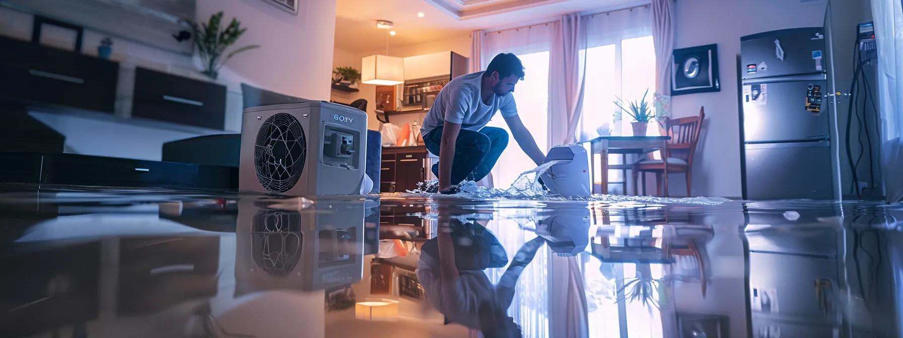 a focused water damage restoration technician strategically operates an industrial dehumidifier in a modern, flooded home, highlighting visibly damaged walls and floors under soft, ambient indoor lighting that conveys a sense of professionalism and efficiency.