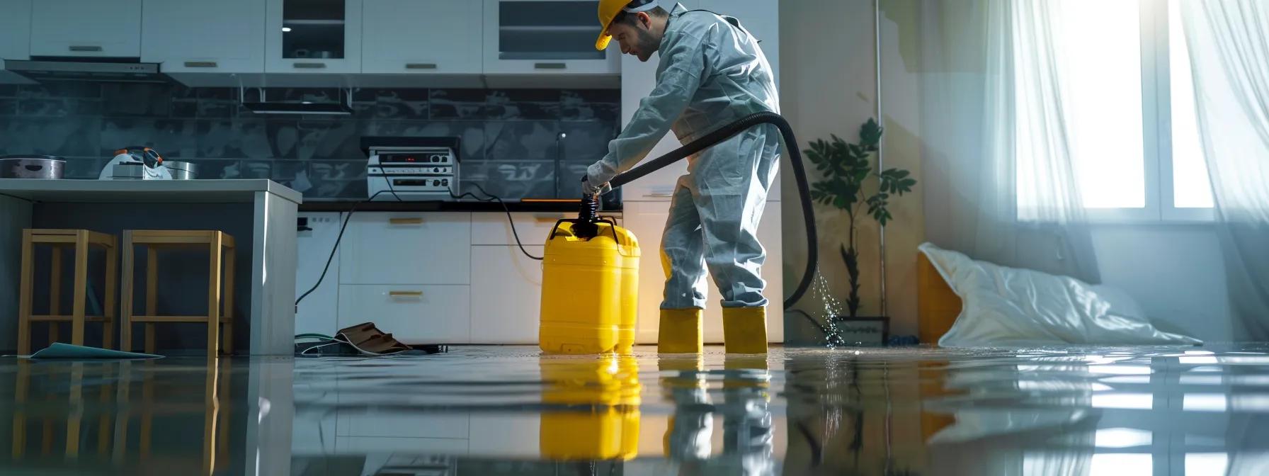 a focused water damage restoration technician operates industrial drying equipment in a modern, flooded home, highlighting visible water-damaged walls and floors under soft, diffused lighting that creates a reassuring atmosphere for safe repair practices.