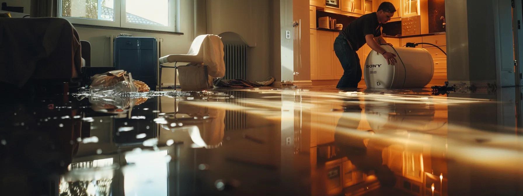 a focused water damage restoration technician operates industrial drying equipment in a stylishly modern, flooded home, showcasing visible water damage on the walls and floors, all captured under soft, warm lighting that conveys professionalism and reassurance.
