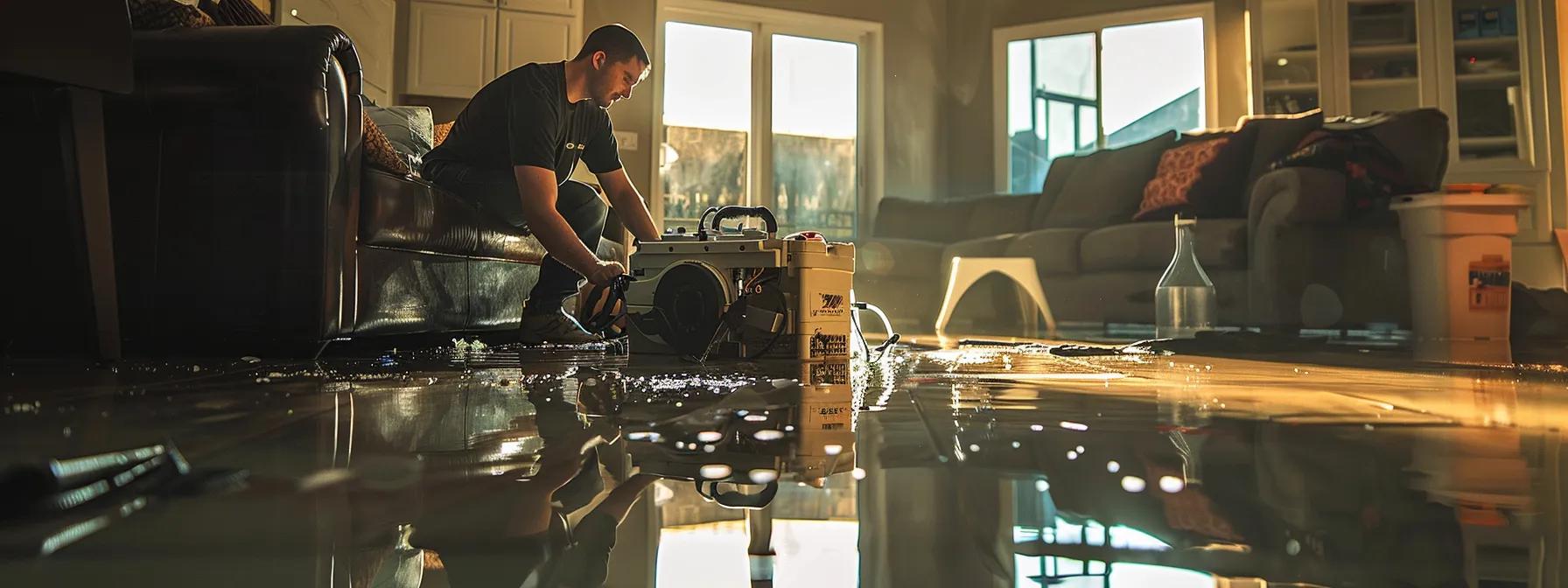 a focused water damage restoration technician operates advanced industrial drying equipment in a contemporary living room, showcasing evident water damage on the walls and floor, illuminated by soft, ambient light filtering through a window, creating a reassuring atmosphere of professional recovery.