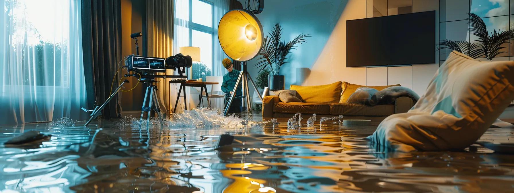 a focused water damage restoration technician operates high-powered industrial drying equipment in a modern, flooded living room, highlighting visible water damage on walls and floors, all under soft indoor lighting that conveys a calm and professional atmosphere.