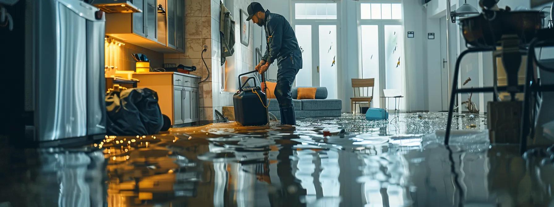 a focused water damage restoration technician operates industrial drying equipment in a modern, partially flooded home, showcasing clear signs of water damage on the walls and floors, all under soft indoor lighting for a professional yet reassuring atmosphere.