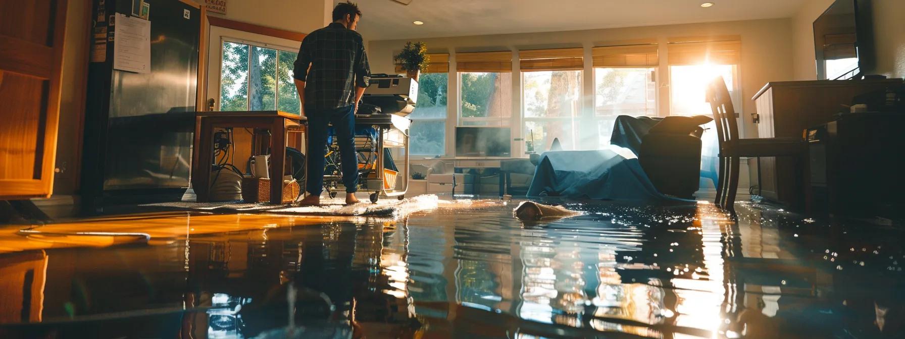 a focused water damage restoration technician operates advanced industrial drying equipment in a modern, flooded home, with visible signs of water damage on the sleek hardwood floors and walls, all illuminated by soft, natural light filtering in from a nearby window, creating a professional yet reassuring atmosphere.