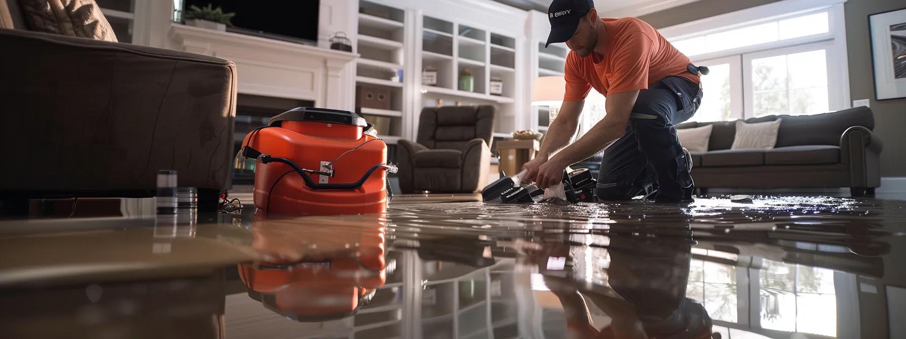 a focused water damage restoration technician inspects industrial drying equipment in a modern, flooded home, highlighting visible water damage on floors and walls under soft, ambient lighting, creating a reassuring atmosphere of diligent restoration efforts.