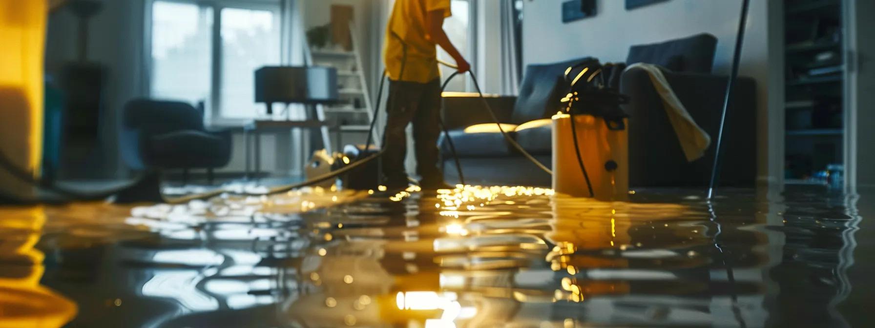 a focused water damage restoration technician operates industrial drying equipment in a modern, flooded home, showcasing visible signs of water damage on the floors and walls, all illuminated by soft natural light filtering through a window, creating a professional and reassuring atmosphere.