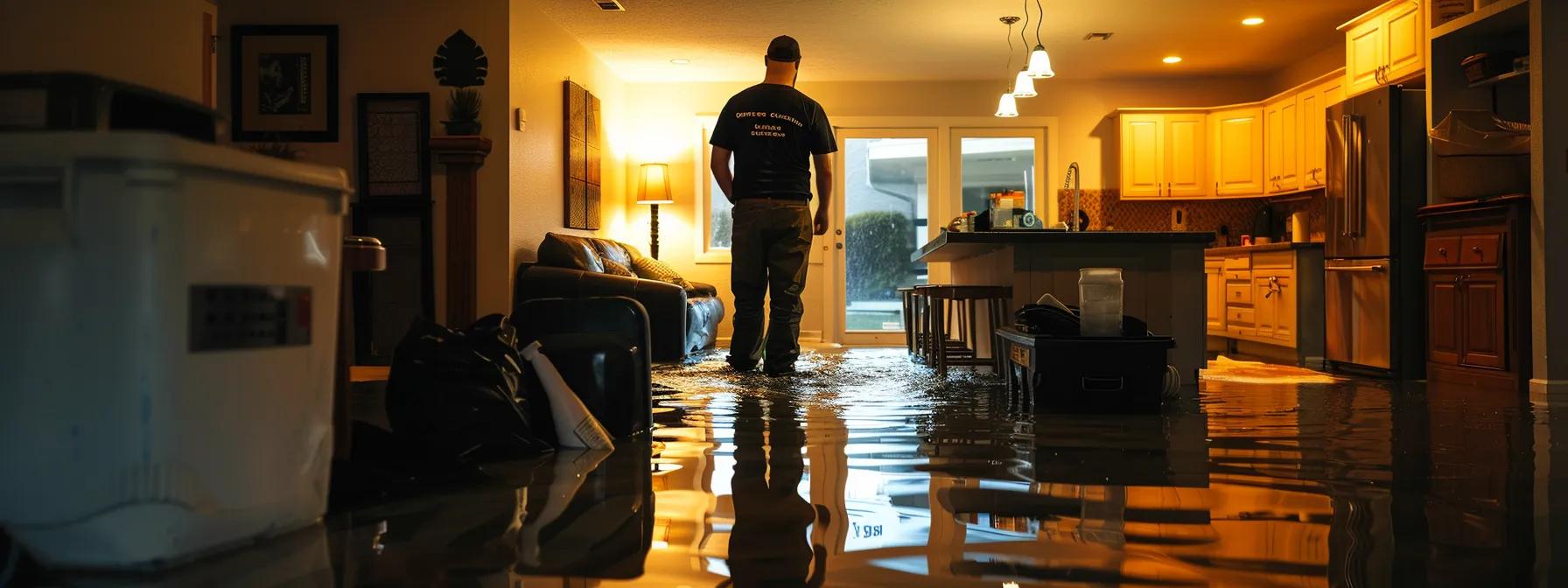 a knowledgeable water damage restoration technician operates advanced drying equipment in a modern, flooded home, showcasing visible signs of water damage on the walls and floors, all under soft ambient light that emphasizes a calm and professional atmosphere.