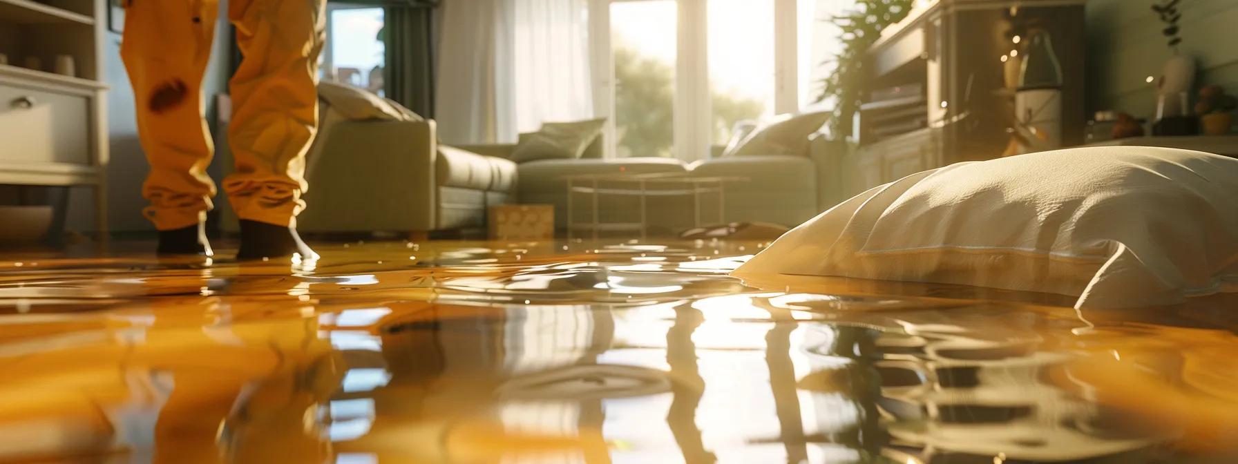 a modern flooded home showcases a professional water damage restoration technician operating industrial drying equipment amidst visibly damaged floors and walls, enveloped in a reassuring atmosphere enhanced by soft lighting streaming through a window.