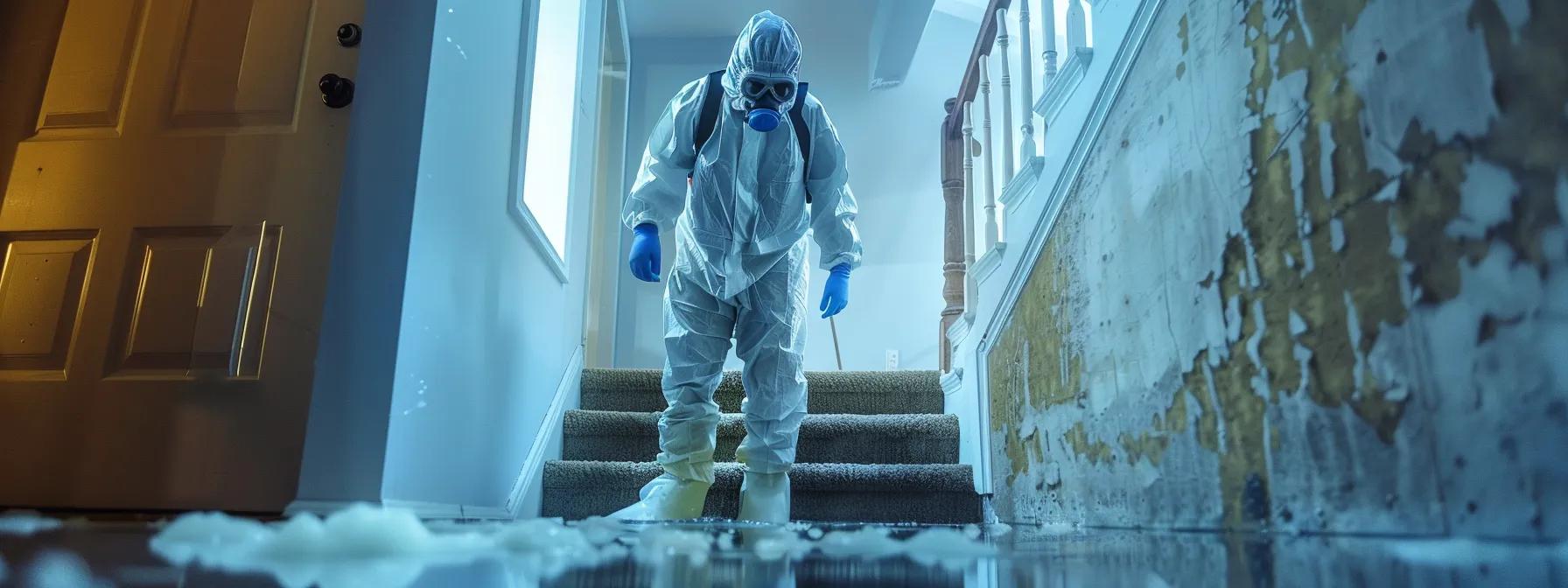a professional mold remediation technician, clad in protective gear, meticulously operates advanced industrial drying equipment inside a modern, water-damaged home, with evident signs of restoration around the flooded floors and walls, all illuminated by soft, ambient light filtering in through a nearby window.