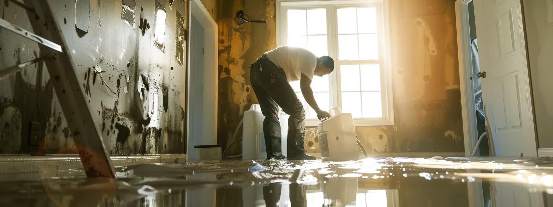 a professional mold remediation technician is meticulously operating advanced industrial-grade drying equipment in a modern flooded home, showcasing visible water damage on the floors and walls, illuminated by soft natural light streaming through a window, creating a reassuring and clean atmosphere.