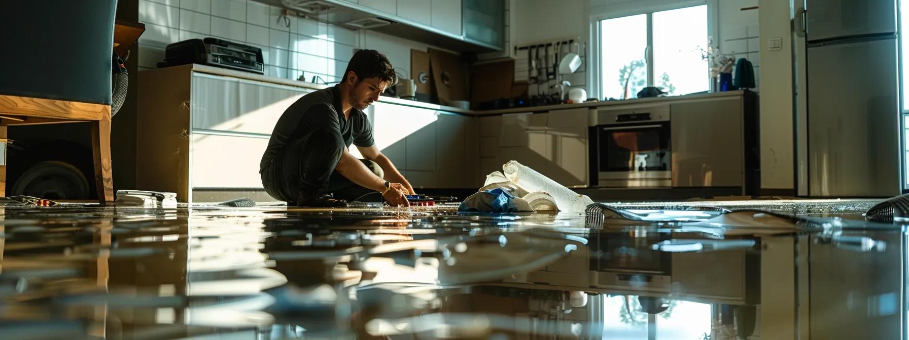 a professional plumbing technician conducts a thorough assessment in a modern, flooded home, utilizing advanced diagnostic tools amidst visible water damage on walls and floors, all captured with soft indoor lighting to emphasize the urgency and expertise of the restoration process.