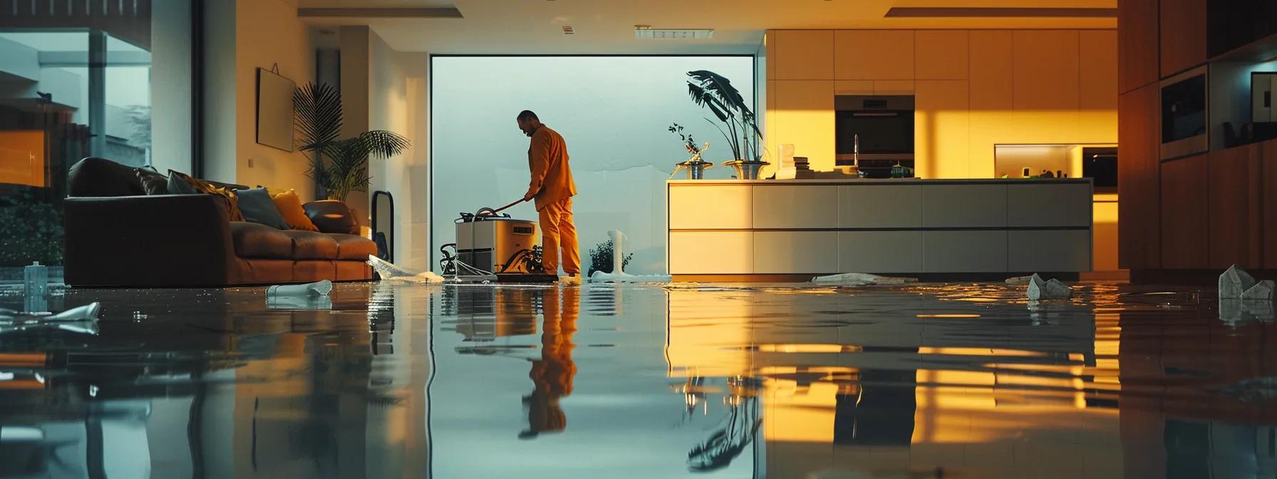 a professional technician operates industrial drying equipment in a modern home, revealing evident water damage on the walls and floors, all captured under soft, atmospheric lighting that conveys a sense of reassurance in the restoration process.