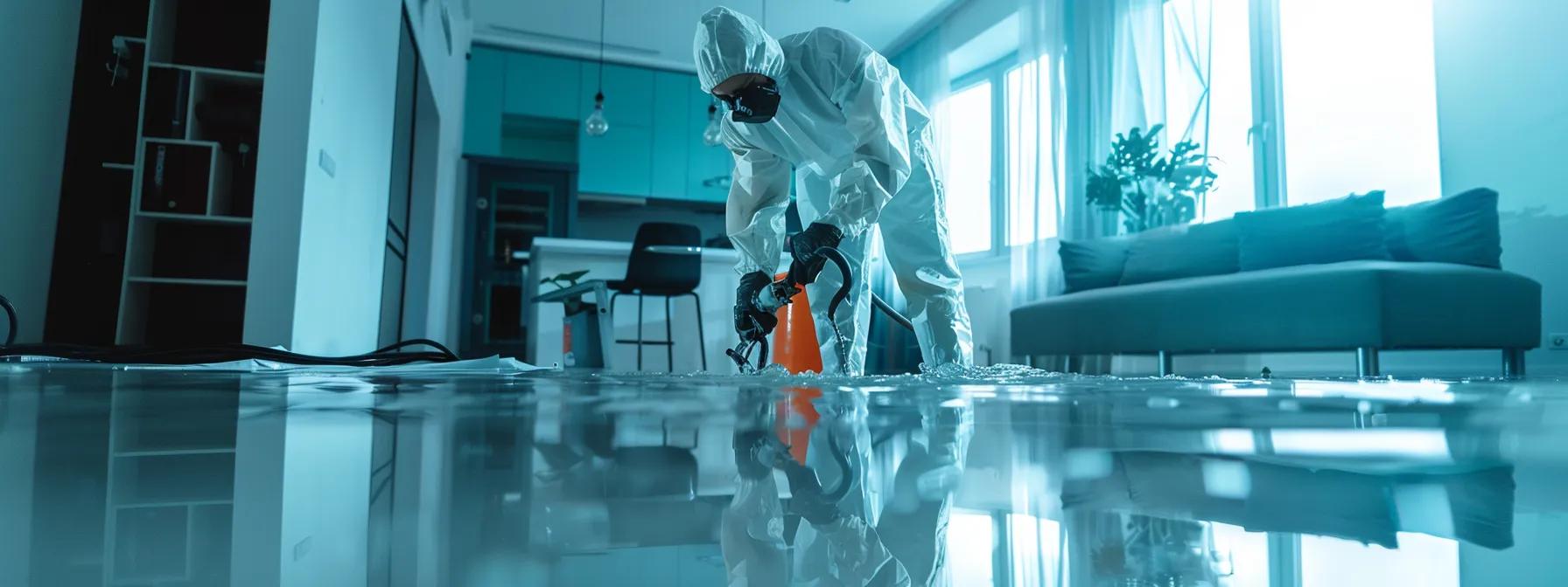 a professional water damage restoration technician operates industrial drying equipment in a modern, flooded home, showcasing the visible signs of water damage on the walls and floors under soft, ambient lighting from a nearby window, creating a reassuring atmosphere in a high-resolution, clean composition.