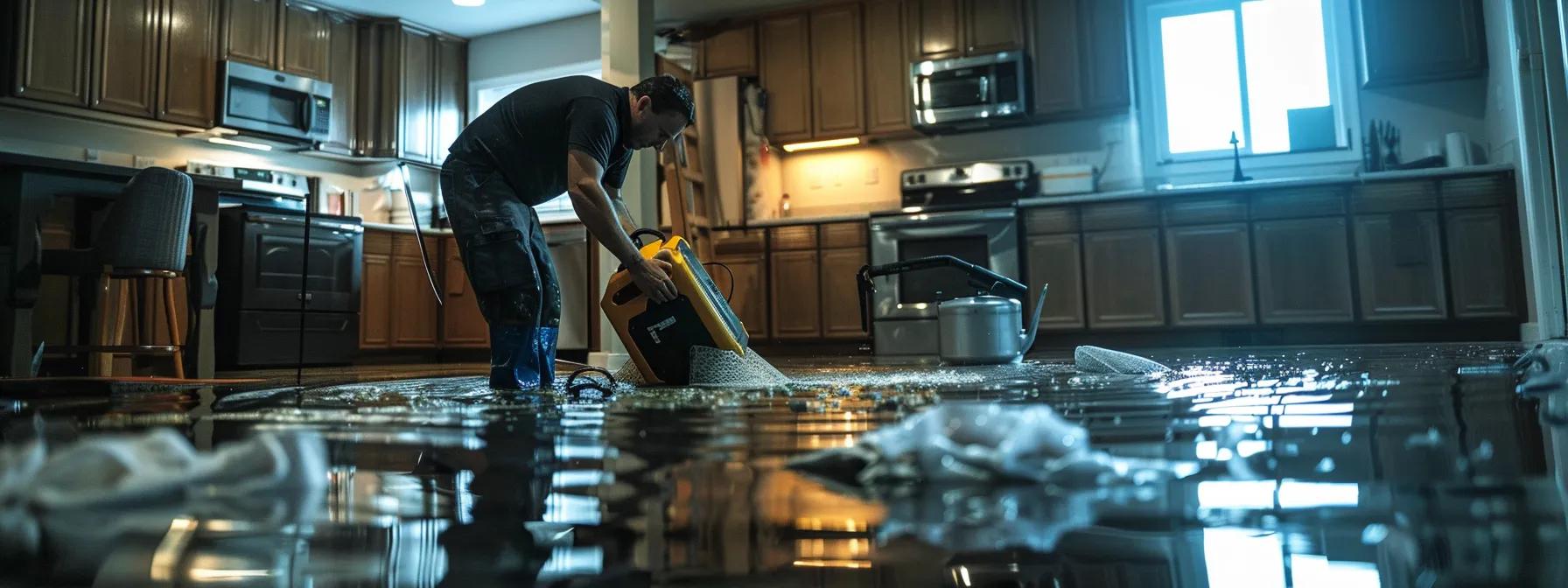 a professional water damage restoration technician operates industrial drying equipment in a modern, flooded home, showcasing significant water damage on the walls and floors under soft, ambient indoor lighting for a compelling and reassuring atmosphere.