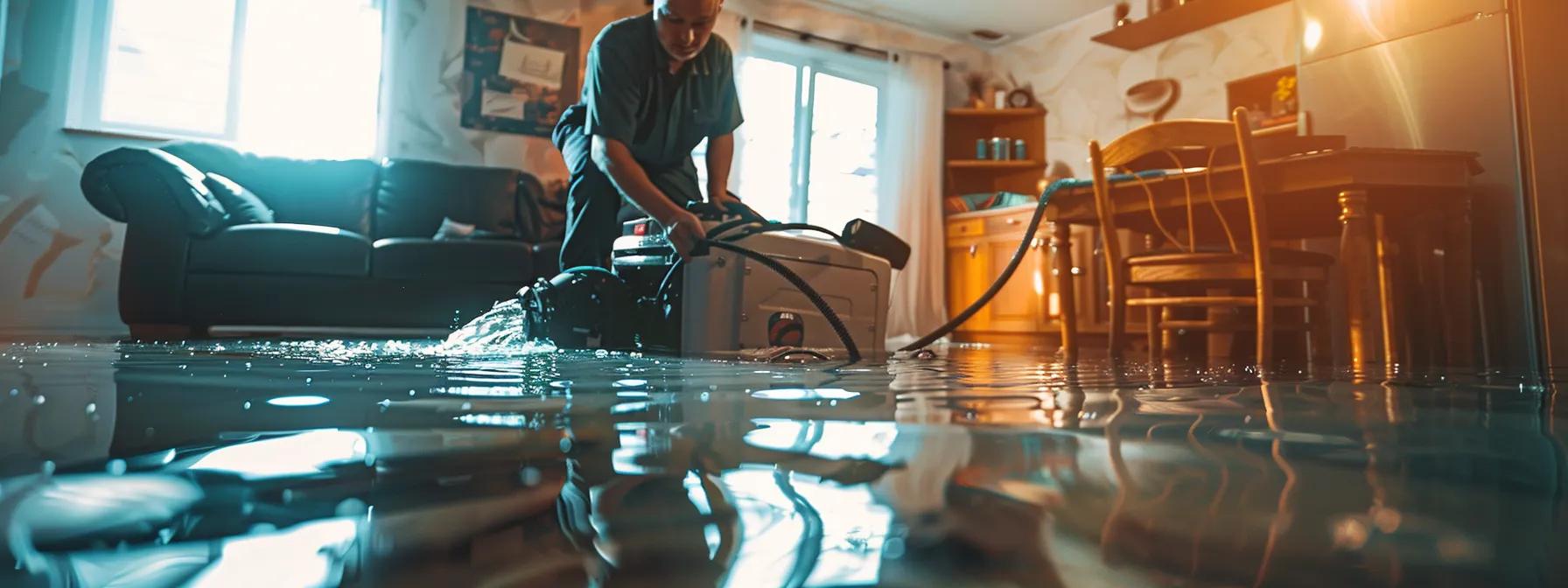 a professional water damage restoration technician operates industrial drying equipment in a modern, flooded home, showcasing visible water damage on walls and floors, soused in soft, ambient light for a reassuring atmosphere.
