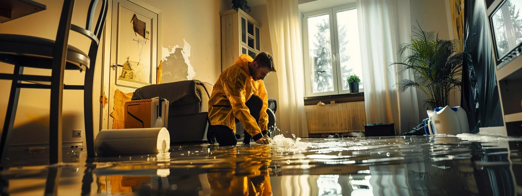 a professional water damage restoration technician expertly operates industrial drying equipment inside a modern home, with visibly damaged walls and floors, as soft light gently streams in from a window, creating a reassuring atmosphere of proactive restoration efforts.