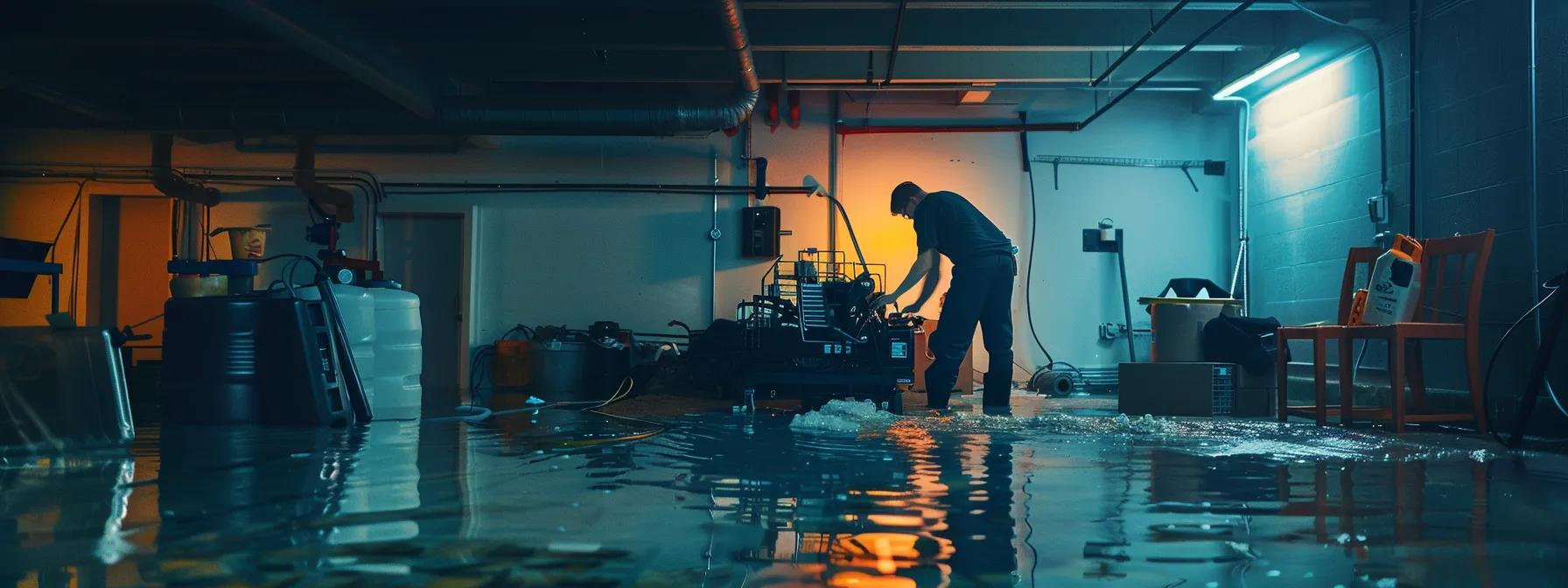 a professional water damage restoration technician operates industrial drying equipment in a modern basement, surrounded by visible signs of water damage on the walls and floors, illuminated by soft, diffused light from a nearby window, creating a reassuring and focused atmosphere.