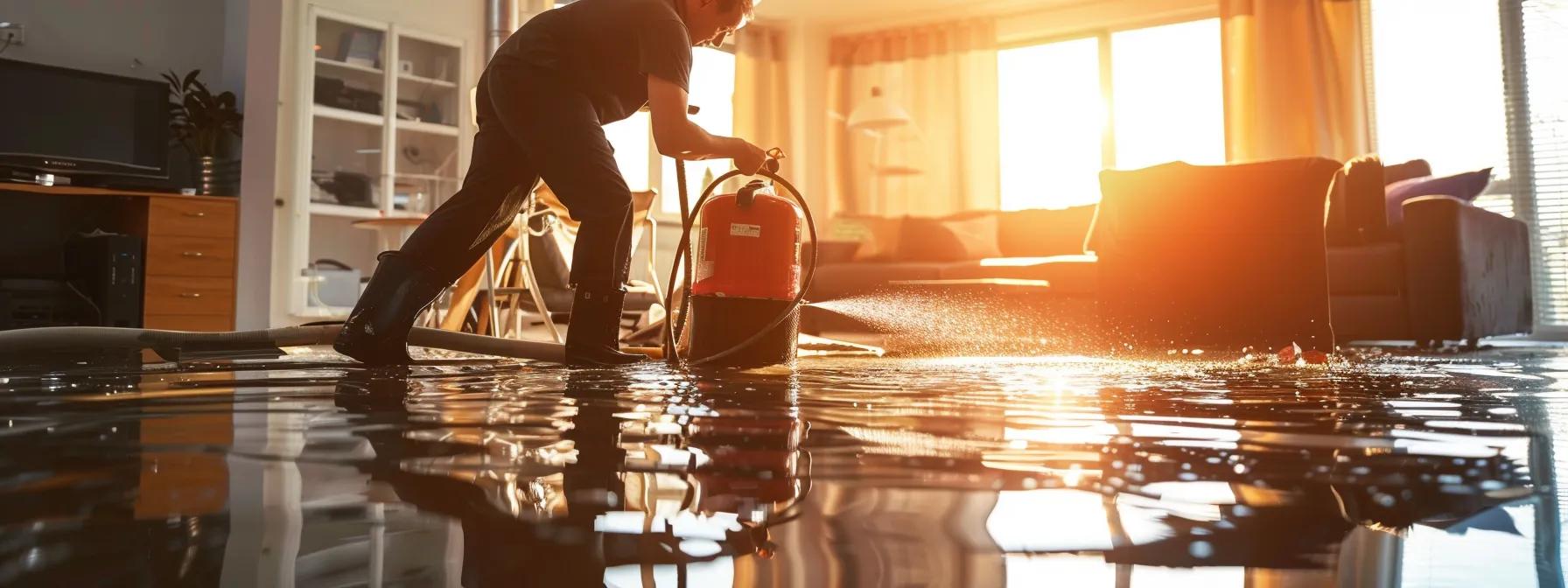 a professional water damage restoration technician efficiently operates industrial drying equipment in a modern, flooded home, with visible water-damaged floors and walls, illuminated by soft, natural light streaming through a window, creating a reassuring and focused atmosphere.