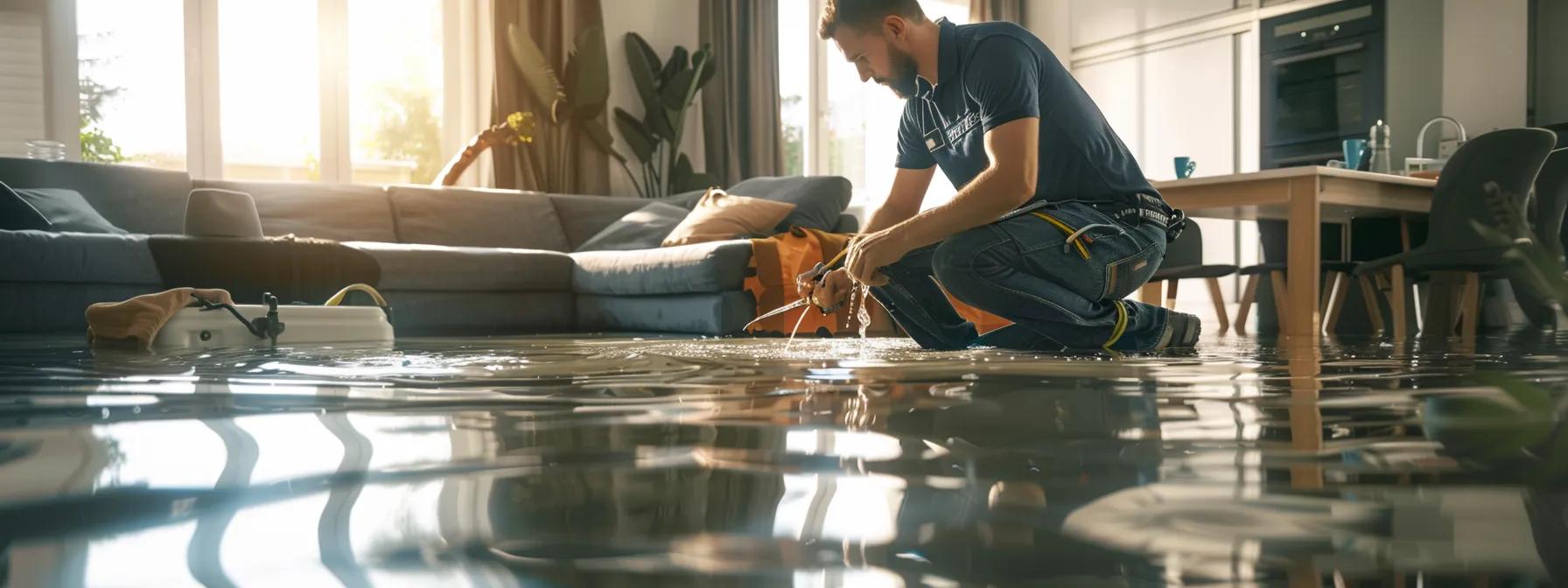 a professional water damage restoration technician is intensely focused on operating industrial drying equipment in a modern, flooded home, showcasing visible signs of water damage on the floors and walls, with soft natural light streaming through a window to create a reassuring atmosphere.