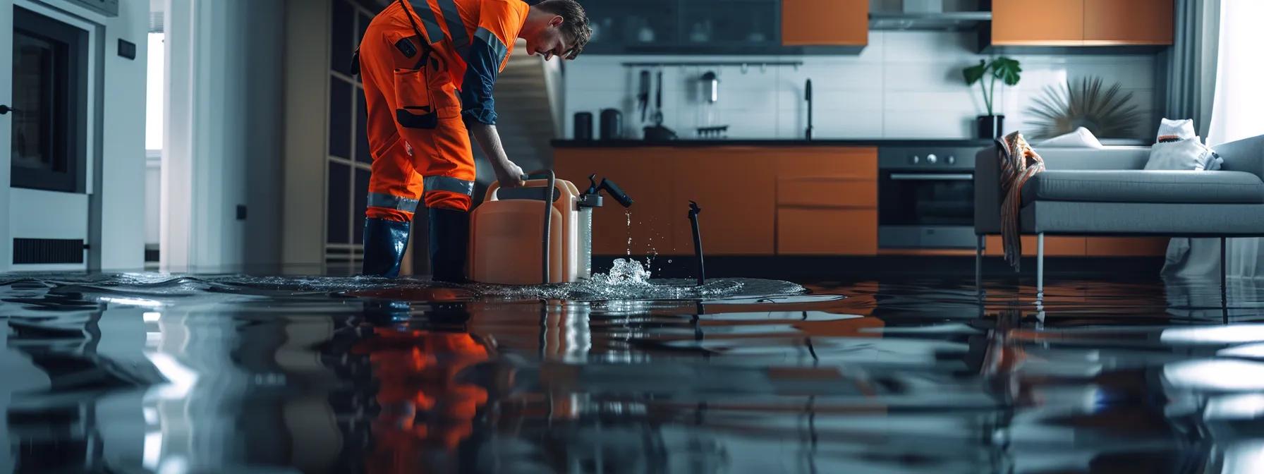 a professional water damage restoration technician efficiently operates industrial drying equipment in a modern, flooded home, showcasing visible signs of water damage on the sleek floors and walls, illuminated by soft, ambient light filtering through a nearby window, creating a reassuring atmosphere for a restoration company blog.