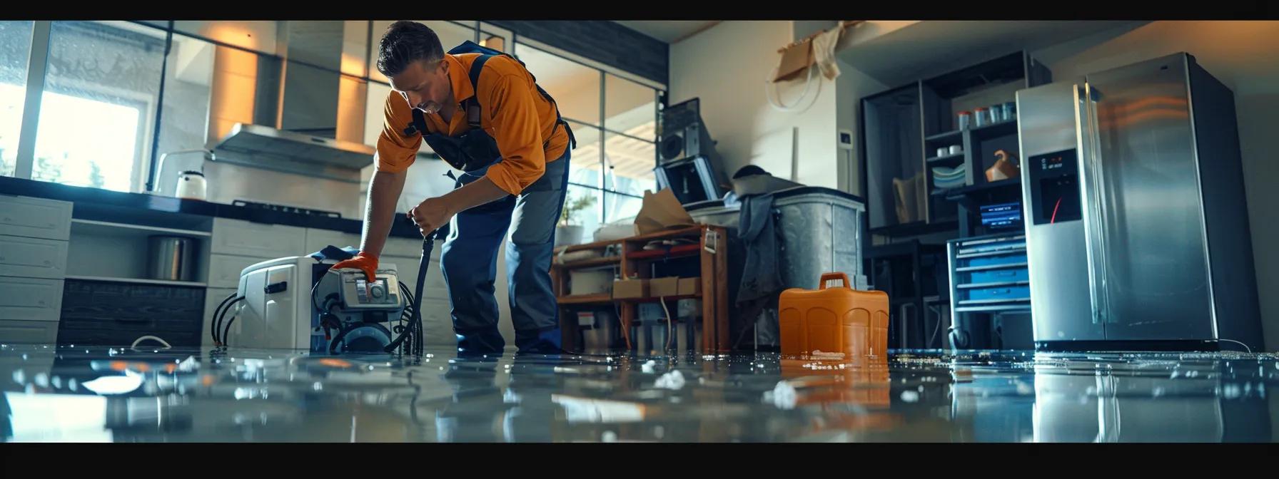 a professional water damage restoration technician skillfully operates industrial drying equipment in a modern home showcasing evident water damage on the walls and floors, bathed in soft, ambient lighting that conveys a reassuring atmosphere.