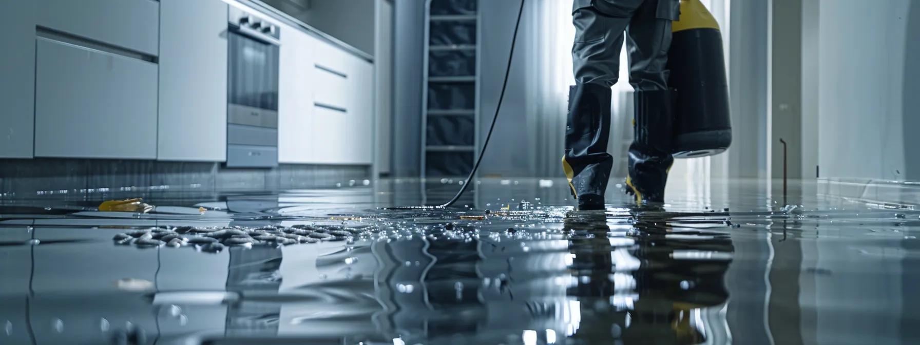 a professional water damage restoration technician operates advanced industrial drying equipment in a contemporary flooded home, showcasing visible water damage on floors and walls in a clean, high-resolution composition that conveys a reassuring atmosphere.