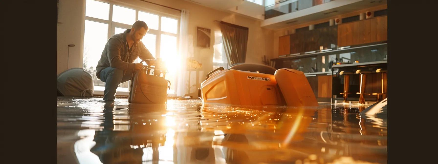 a professional water damage restoration technician operates advanced industrial drying equipment in a modern home, revealing visible signs of water damage on the floors and walls, bathed in soft, inviting light that creates a reassuring atmosphere.