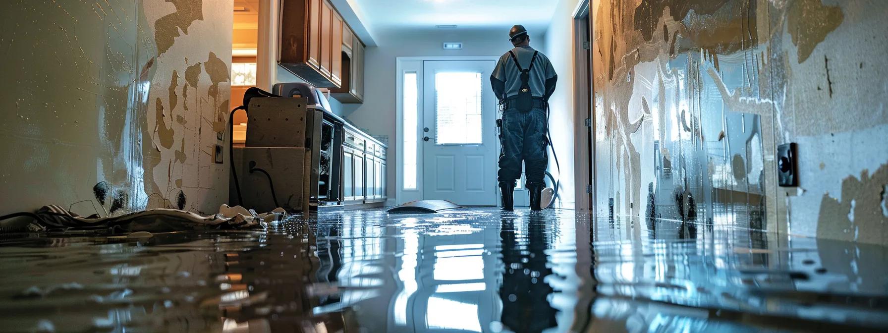 a professional water damage restoration technician operates advanced industrial drying equipment inside a modern, flooded home, with visible signs of water damage on the walls and floor, all captured in a high-resolution, clean composition that conveys a reassuring atmosphere.