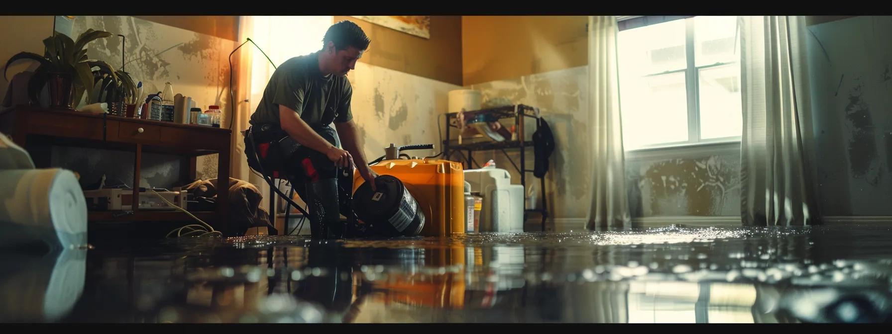 a professional water damage restoration technician operates industrial drying equipment in a modern, flooded home, showcasing visible signs of water damage on the walls and floors, all captured in soft, reassuring lighting to convey a sense of hope and recovery.