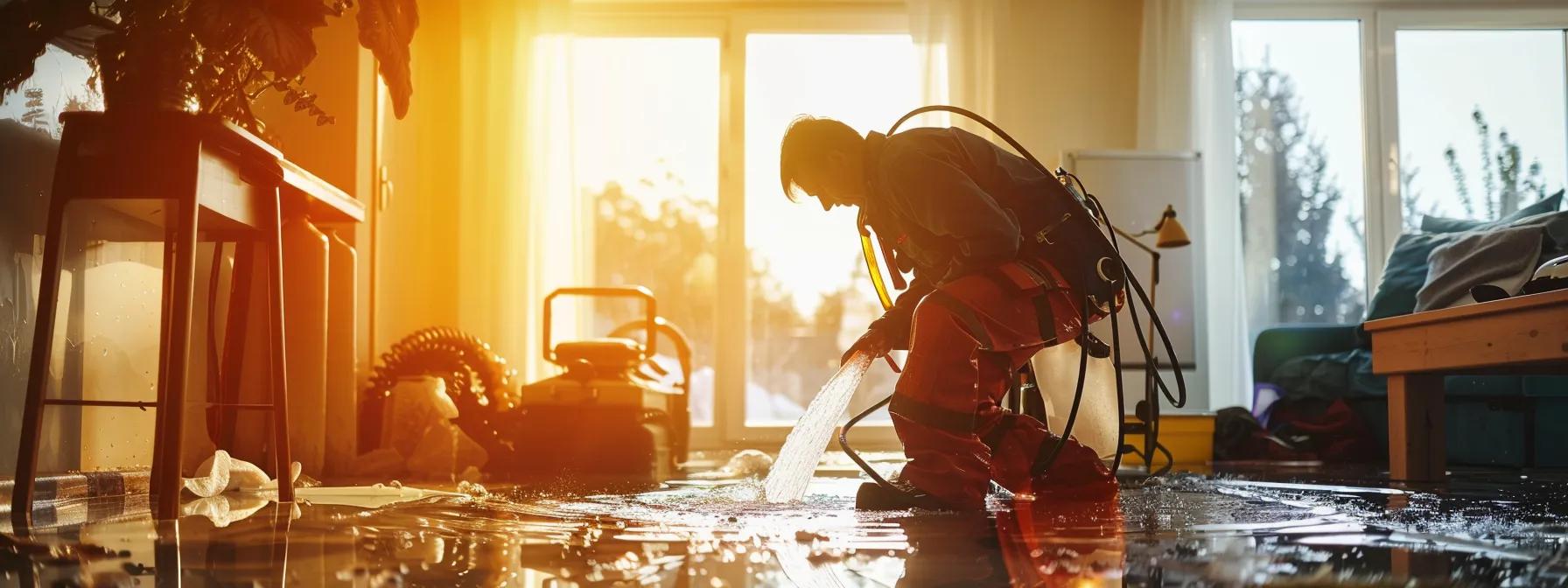 a professional water damage restoration technician operates high-powered drying equipment in a contemporary home with visible water damage, enveloped in soft, diffused light streaming through a window, portraying a diligent and reassuring atmosphere of repair and recovery.