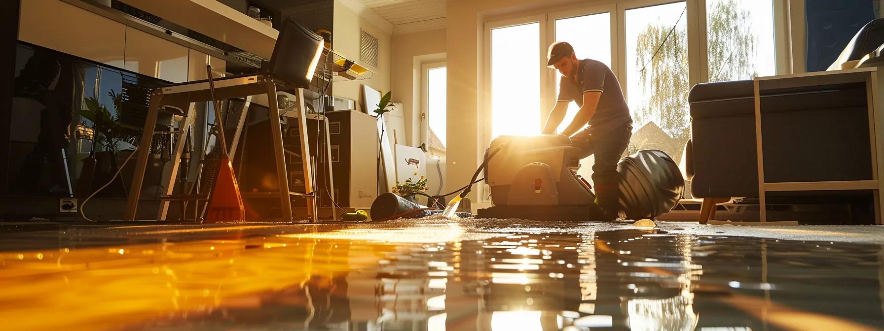 a professional water damage restoration technician operates industrial drying equipment in a modern home with visible water damage on the floors and walls, softly illuminated by natural light streaming through a window, creating a reassuring atmosphere of effective intervention and expertise.