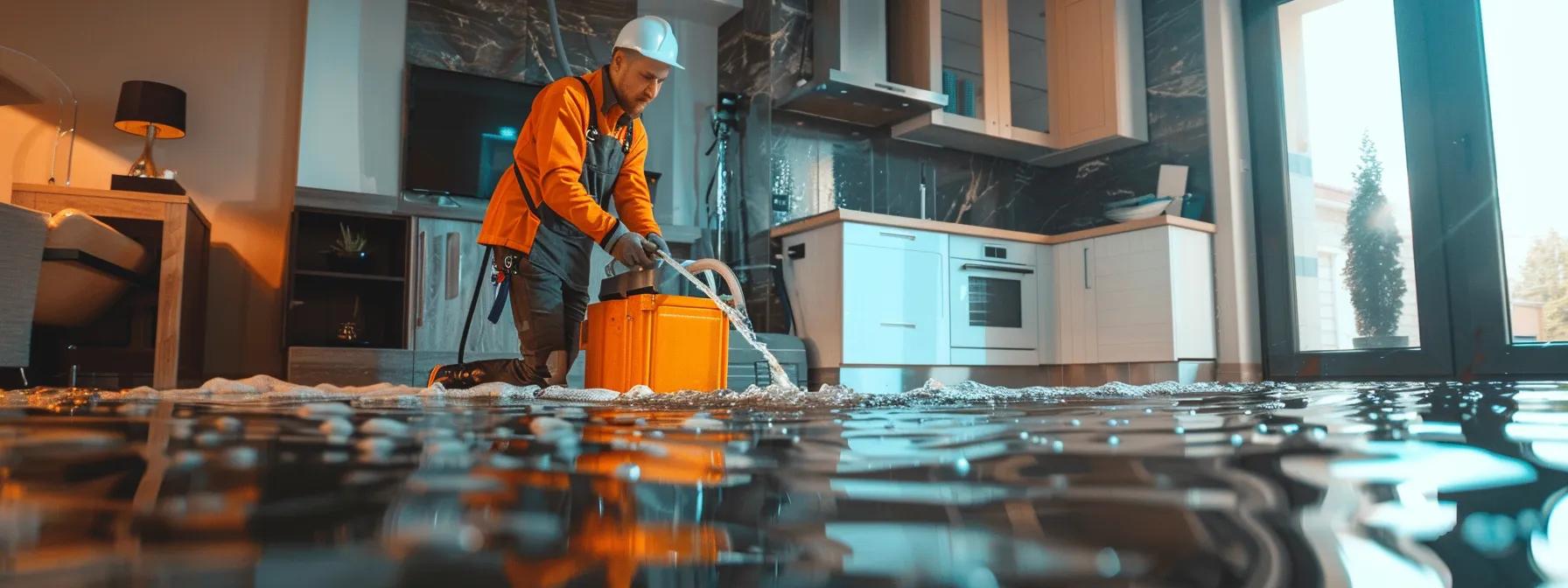 a professional water damage restoration technician diligently operates industrial drying equipment in a modern home, where visible signs of water damage mar the walls and floors, creating a reassuring atmosphere enhanced by soft, diffused light streaming through a nearby window.