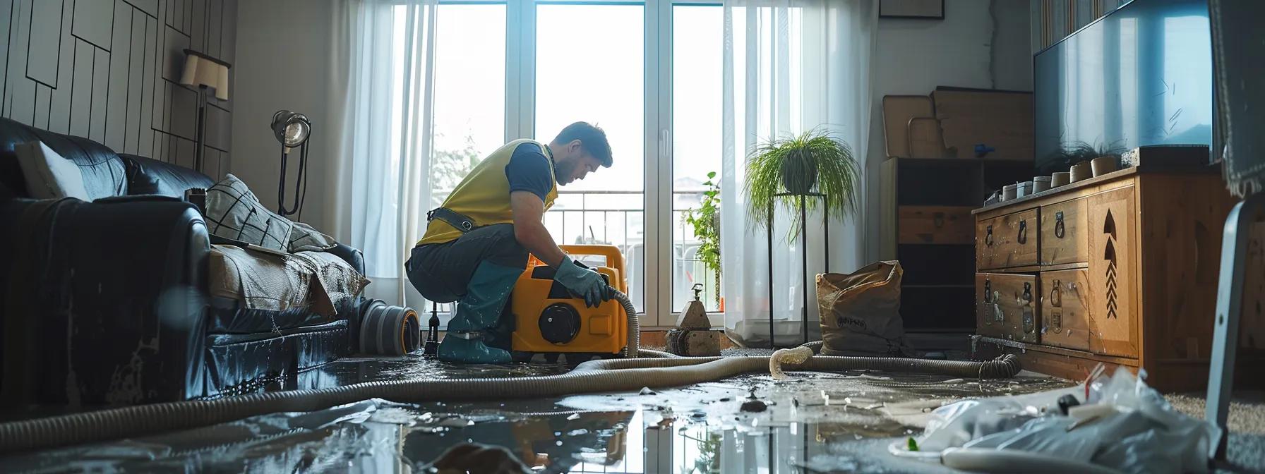 a professional water damage restoration technician is meticulously operating industrial drying equipment in a modern living room, showcasing visible signs of water damage on the walls and floors, with soft light filtering through a window, creating a clean and reassuring atmosphere.