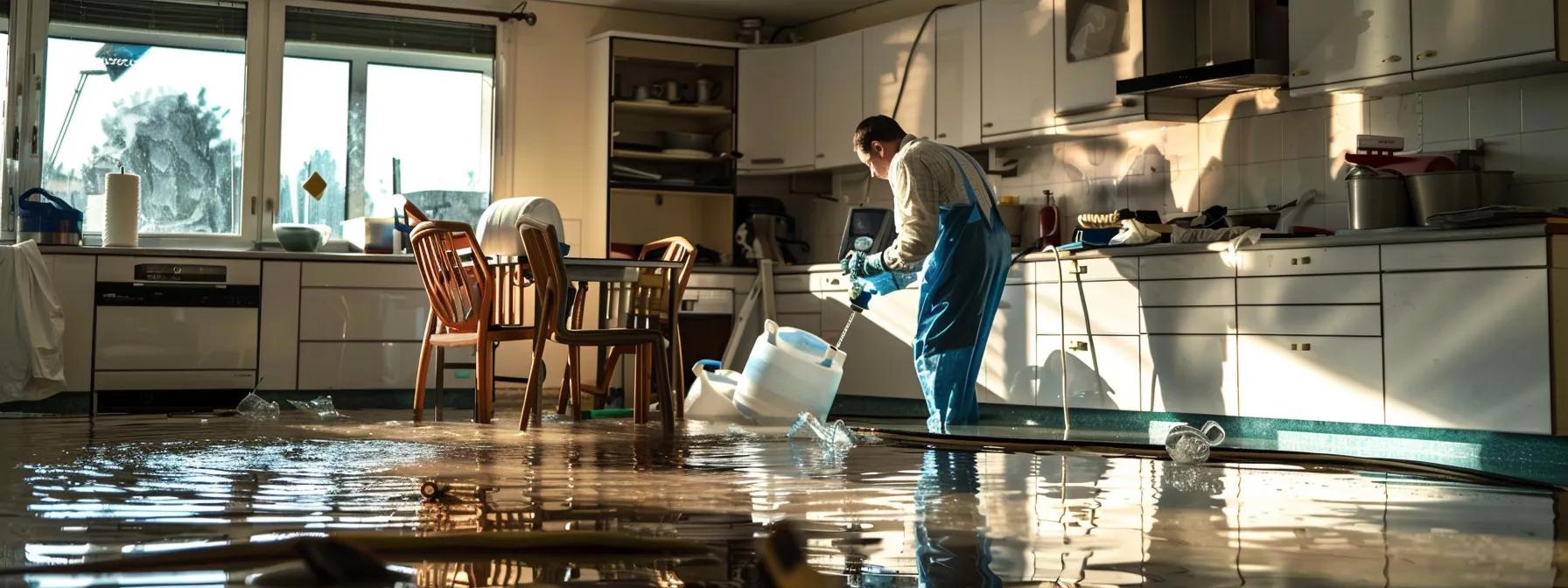 a professional water damage restoration technician is operating advanced industrial drying equipment in a modern flooded home, showcasing visible signs of water damage on the floors and walls, all under soft natural light filtering through a window, creating a reassuring atmosphere for viewers.