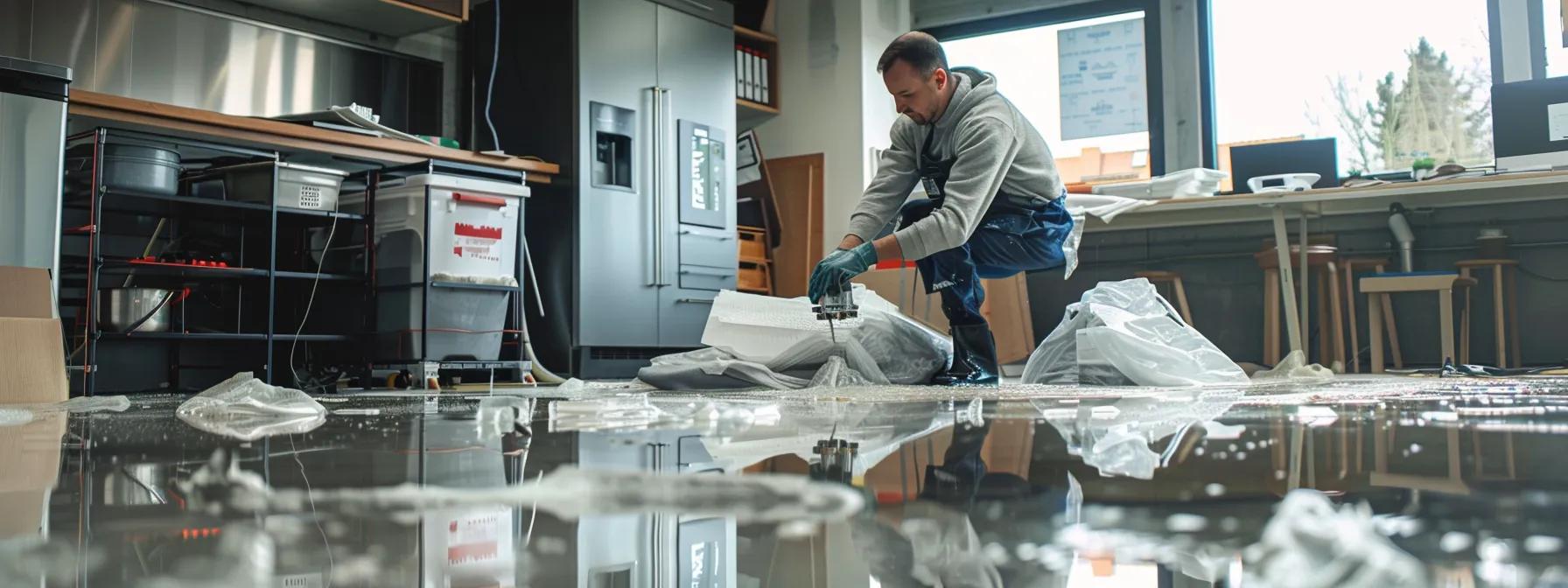 a professional water damage restoration technician meticulously operates powerful industrial drying equipment inside a modern home, showcasing clear evidence of water damage on the floors and walls, all under soft natural lighting that creates a reassuring atmosphere.