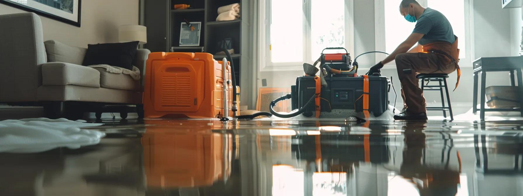 a professional water damage restoration technician operates powerful industrial drying equipment in a modern home, with clearly visible water-damaged floors and walls, illuminated by soft lighting filtering through a nearby window, creating a focused and reassuring atmosphere.