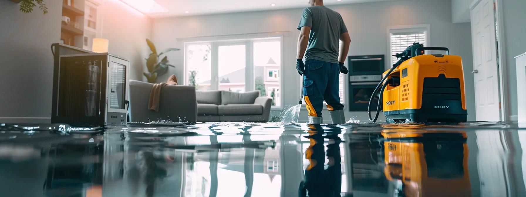 a professional water damage restoration technician operates industrial air movers in a modern, flooded home, showcasing visible signs of water damage on the floors and walls, under soft, diffused lighting from a nearby window, creating a clean and reassuring atmosphere.