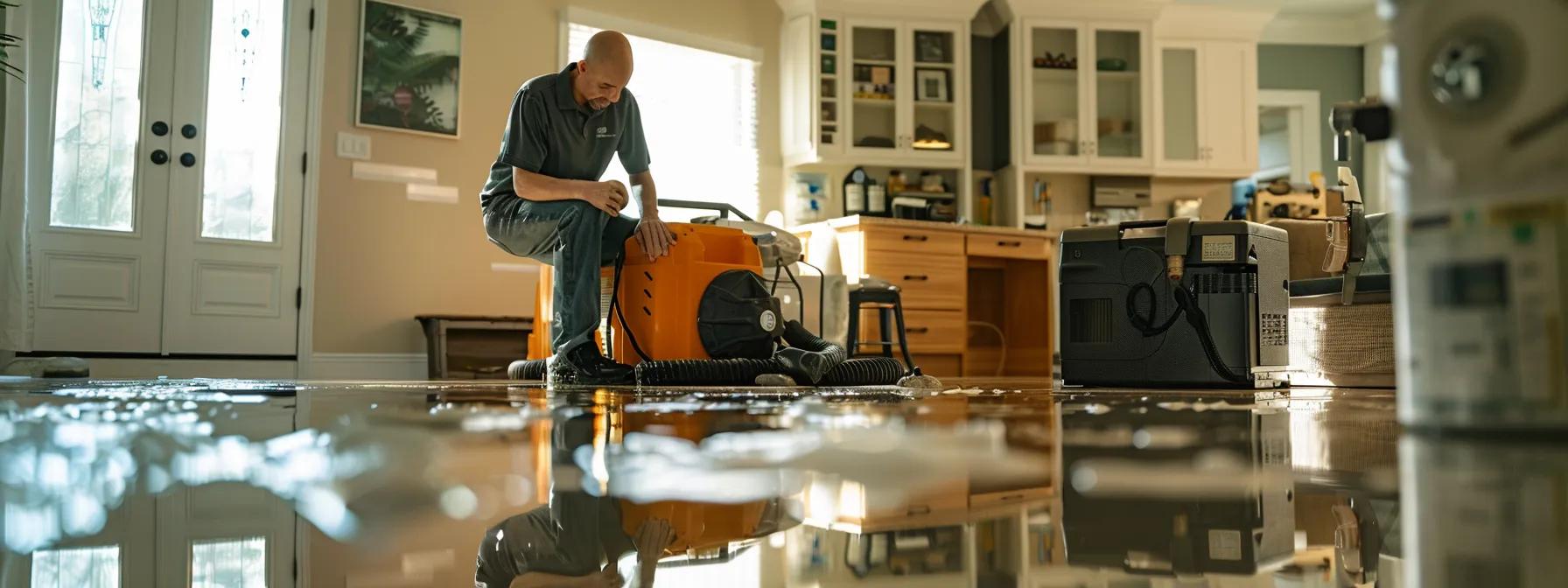 a professional water damage restoration technician operates advanced industrial drying equipment in a modern home, showcasing visible signs of water damage on the floors and walls while soft, diffused light filters in through a window, creating a reassuring atmosphere of recovery and expertise.